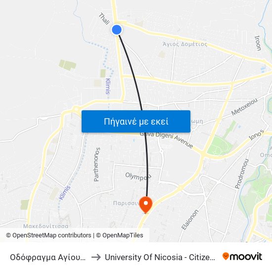 Λεωφ. Δημοκρατίας to University Of Nicosia - Citizens Free University map