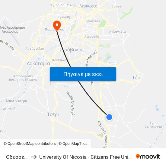 Οδυσσέως to University Of Nicosia - Citizens Free University map