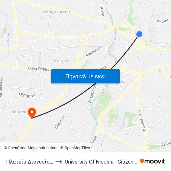 Πλατεία Διονυσίου Σολωμού to University Of Nicosia - Citizens Free University map