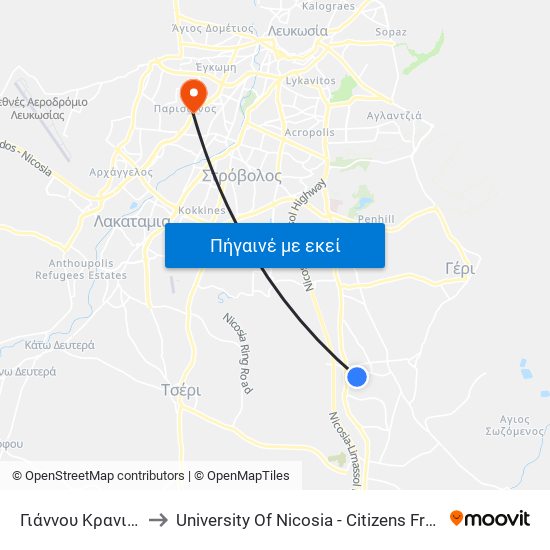 Γιάννου Κρανιδιώτη to University Of Nicosia - Citizens Free University map