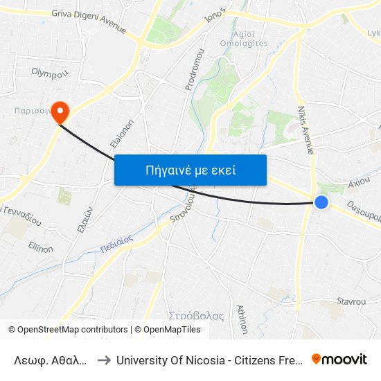 Λεωφ. Αθαλάσσας to University Of Nicosia - Citizens Free University map