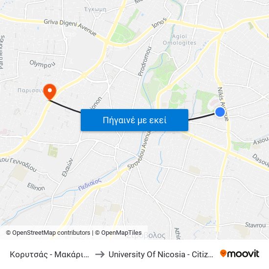 Κορυτσάς - Μακάριο Νοσοκομείο to University Of Nicosia - Citizens Free University map