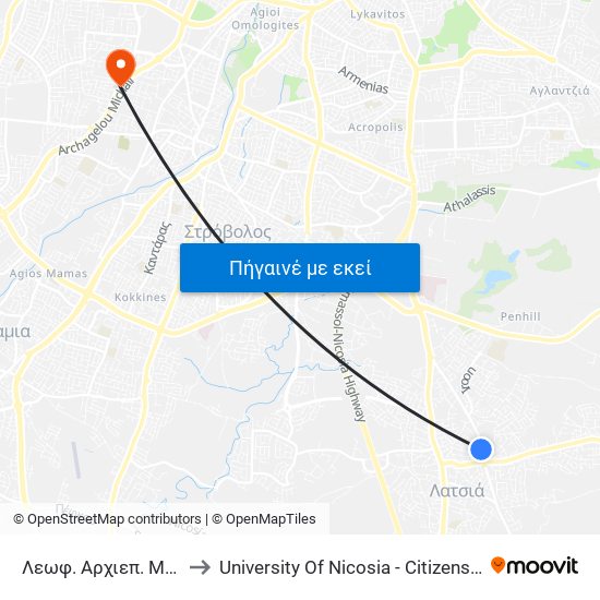 Λεωφ. Αρχιεπ. Μακαρίου Γ to University Of Nicosia - Citizens Free University map