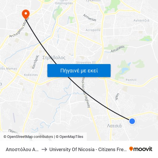 Αποστόλου Ανδρέα to University Of Nicosia - Citizens Free University map