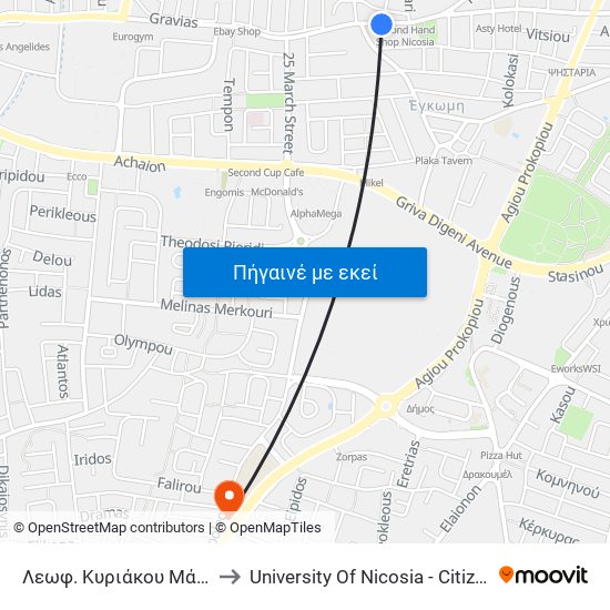 Λεωφ. Κυριάκου Μάτση - Έγκωμης to University Of Nicosia - Citizens Free University map