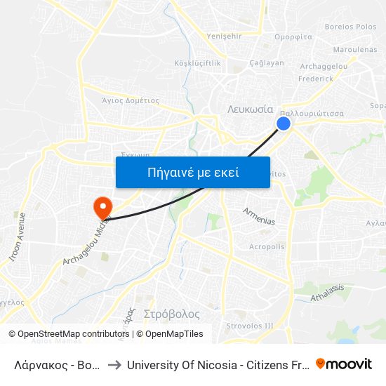 Λάρνακος to University Of Nicosia - Citizens Free University map