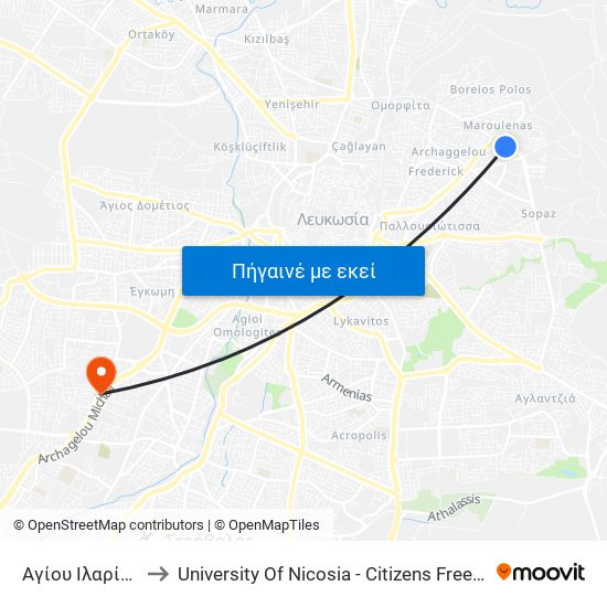 Αγίου Ιλαρίωνος to University Of Nicosia - Citizens Free University map