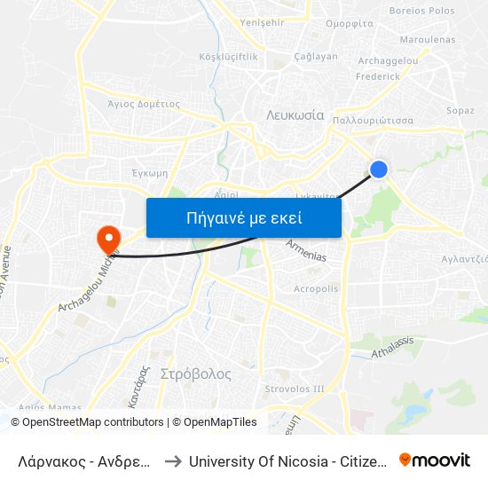 Λάρνακος - Ανδρεά Δημητρίου to University Of Nicosia - Citizens Free University map
