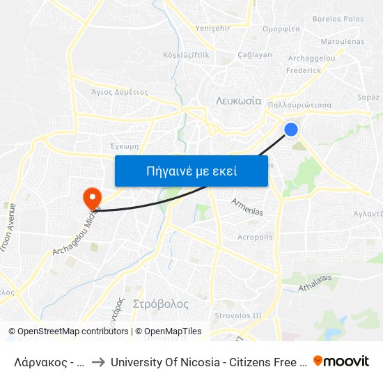 Λάρνακος to University Of Nicosia - Citizens Free University map