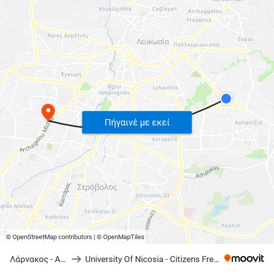 Λάρνακος - Αθηνάς to University Of Nicosia - Citizens Free University map
