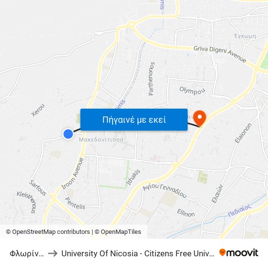 Φλωρίνης to University Of Nicosia - Citizens Free University map