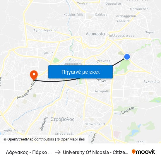 Λάρνακος - Πάρκο Ακαδημίας 2 to University Of Nicosia - Citizens Free University map