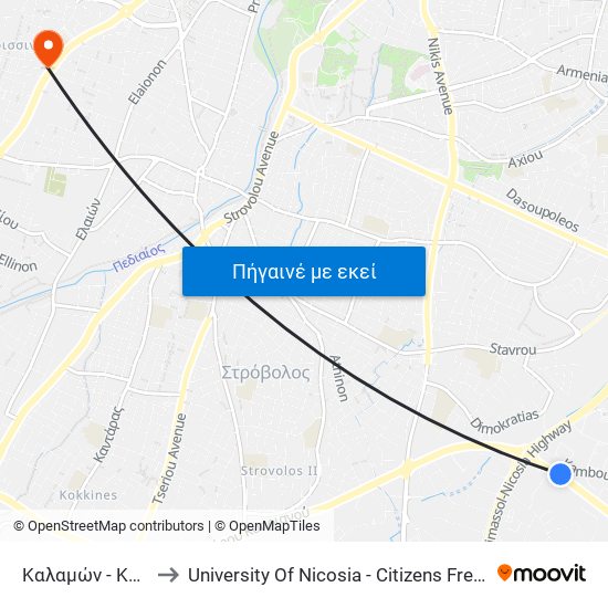 Καλαμών - Κάμπου to University Of Nicosia - Citizens Free University map