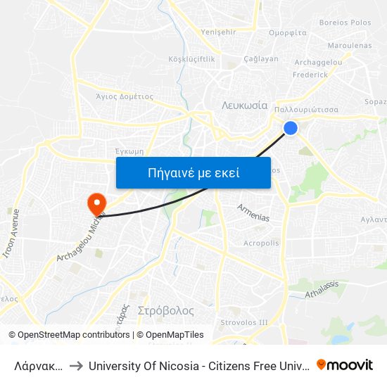 Λάρνακος to University Of Nicosia - Citizens Free University map