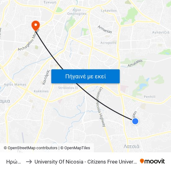 Ηρώων to University Of Nicosia - Citizens Free University map