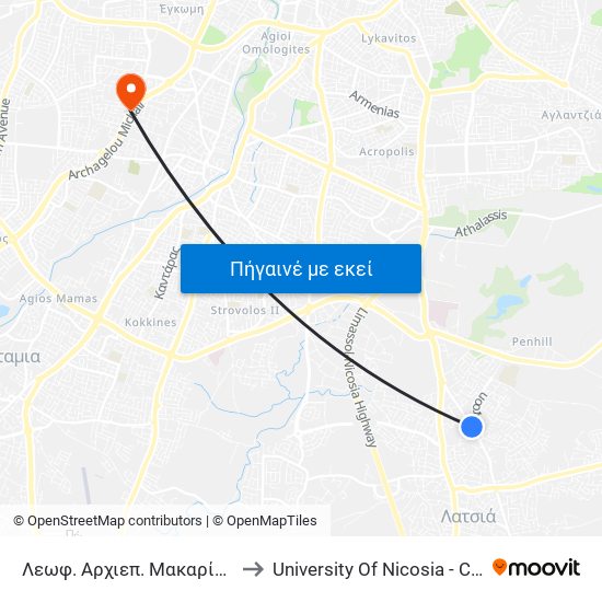 Λεωφ. Αρχιεπ. Μακαρίου Γ to University Of Nicosia - Citizens Free University map