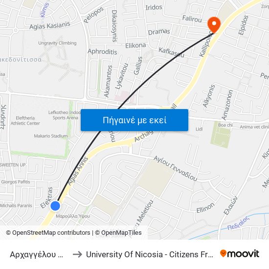 Αρχαγγέλου Μιχαήλ to University Of Nicosia - Citizens Free University map