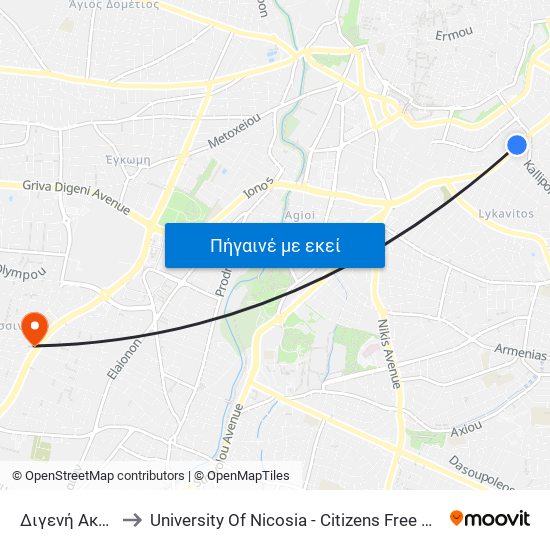 Διγενή Ακρίτα to University Of Nicosia - Citizens Free University map