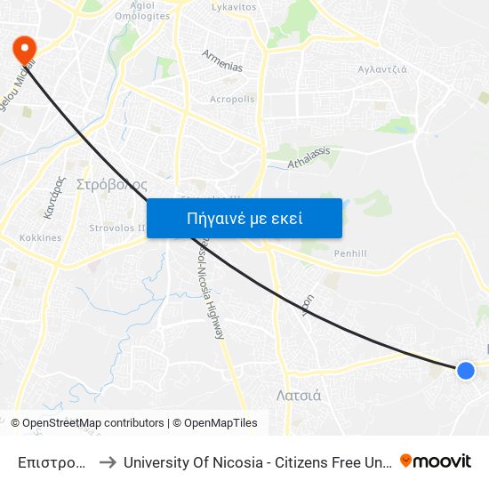 Επιστροφής to University Of Nicosia - Citizens Free University map