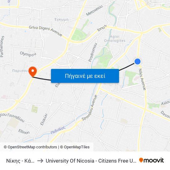Νίκης - Κάσου to University Of Nicosia - Citizens Free University map