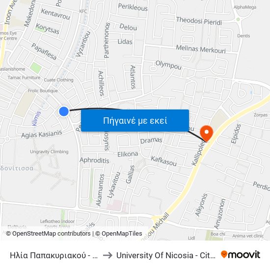 Ηλία Παπακυριακού - Νικολάου Σκουφά to University Of Nicosia - Citizens Free University map