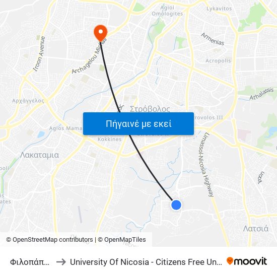 Φιλοπάππου to University Of Nicosia - Citizens Free University map