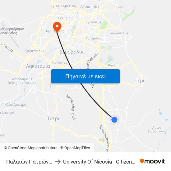 Παλαιών Πατρών Γερμανού to University Of Nicosia - Citizens Free University map