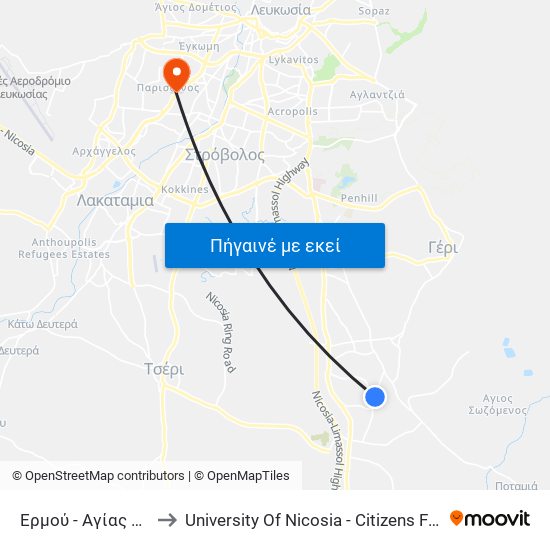 Ερμού to University Of Nicosia - Citizens Free University map