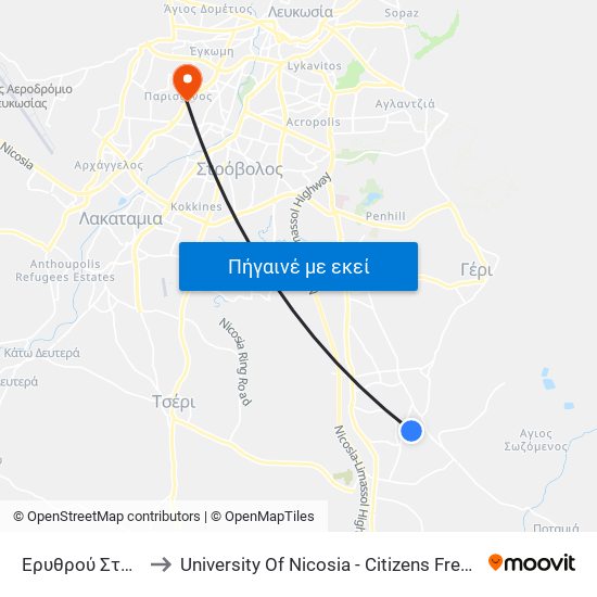 Ερυθρού Σταυρού to University Of Nicosia - Citizens Free University map