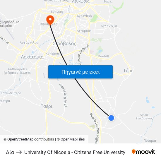 Δία to University Of Nicosia - Citizens Free University map