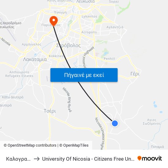 Καλογραίας to University Of Nicosia - Citizens Free University map