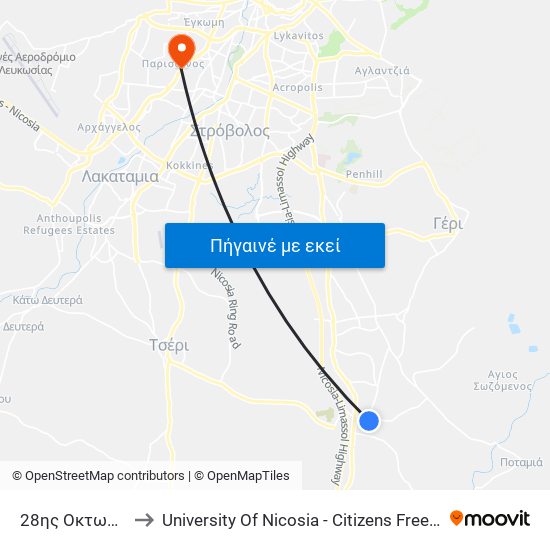 28ης Οκτωβρίου to University Of Nicosia - Citizens Free University map