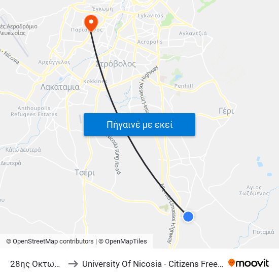 28ης Οκτωβρίου to University Of Nicosia - Citizens Free University map