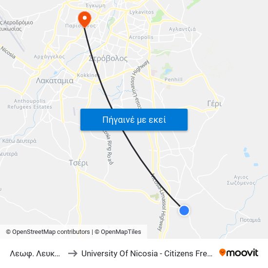 Λεωφ. Λευκωσίας to University Of Nicosia - Citizens Free University map