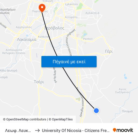 Λεωφ. Λευκωσίας to University Of Nicosia - Citizens Free University map