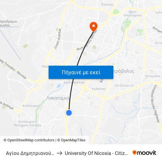 Αγίου Δημητριανού - Ηλιοδώρου to University Of Nicosia - Citizens Free University map