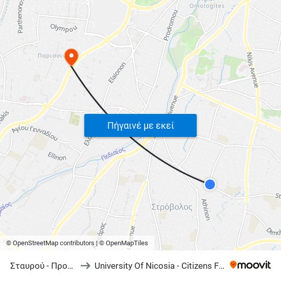 Σταυρού - Προμηθέως to University Of Nicosia - Citizens Free University map