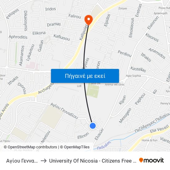 Αγίου Γενναδίου to University Of Nicosia - Citizens Free University map
