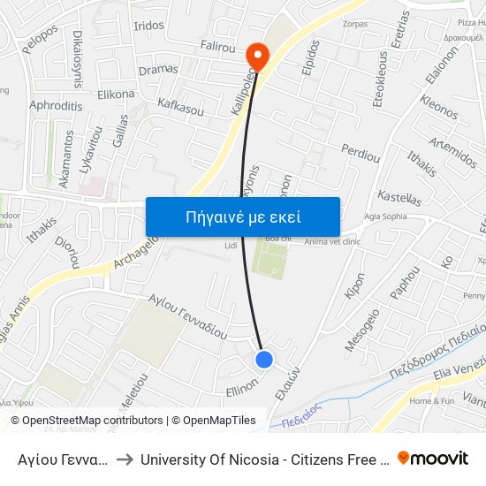 Αγίου Γενναδίου to University Of Nicosia - Citizens Free University map