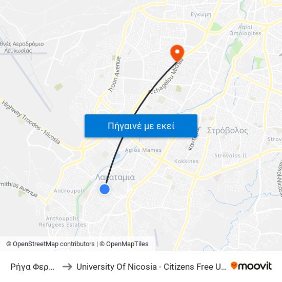 Ρήγα Φεραίου to University Of Nicosia - Citizens Free University map