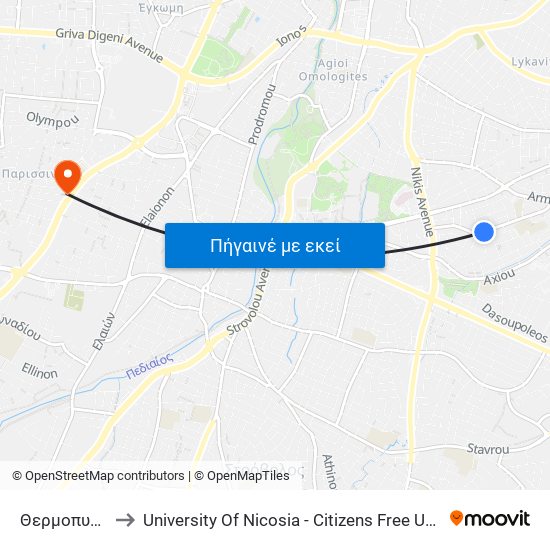 Θερμοπυλών to University Of Nicosia - Citizens Free University map