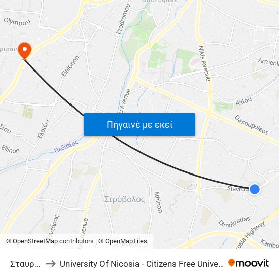 Σταυρού to University Of Nicosia - Citizens Free University map