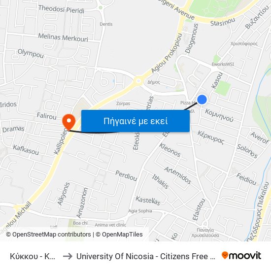 Κύκκου to University Of Nicosia - Citizens Free University map