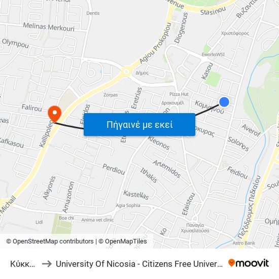 Κύκκου to University Of Nicosia - Citizens Free University map