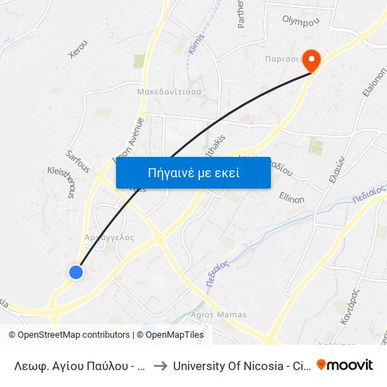 Λεωφ. Αγίου Παύλου - Αγίου Κωνσταντίνου to University Of Nicosia - Citizens Free University map