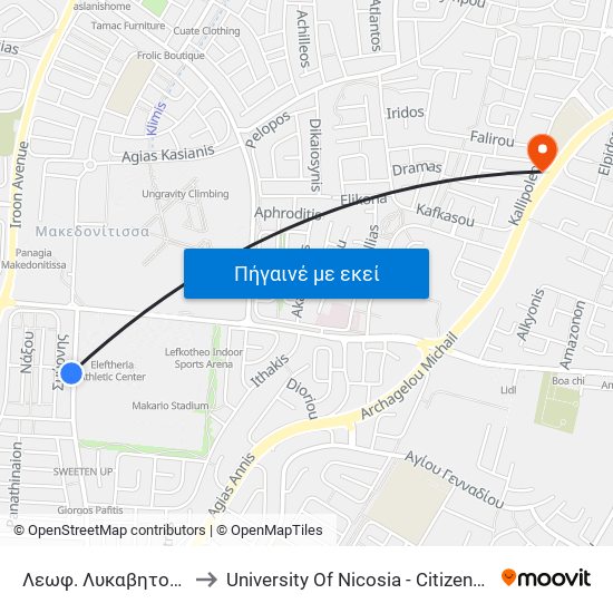 Λεωφ. Λυκαβητού - Οσελ 2 to University Of Nicosia - Citizens Free University map