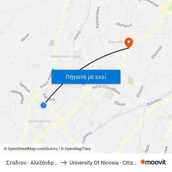 Σταδίου to University Of Nicosia - Citizens Free University map