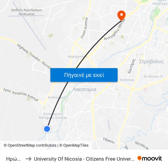 Ηρώων to University Of Nicosia - Citizens Free University map