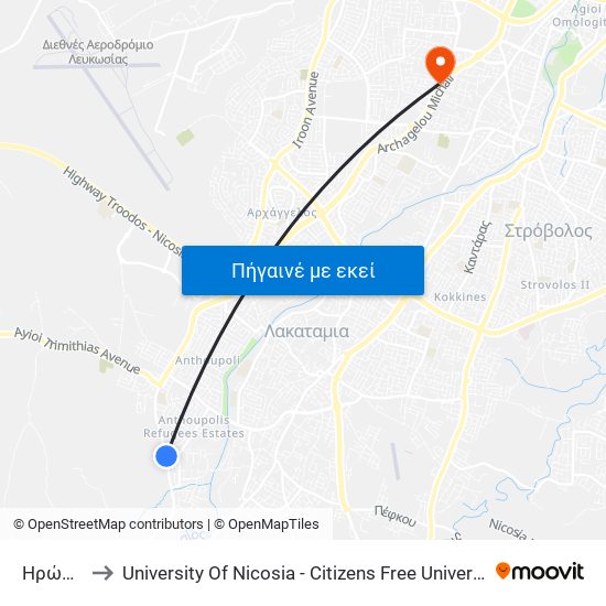 Ηρώων to University Of Nicosia - Citizens Free University map