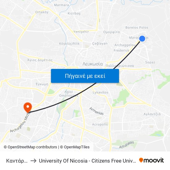 Καντάρας to University Of Nicosia - Citizens Free University map